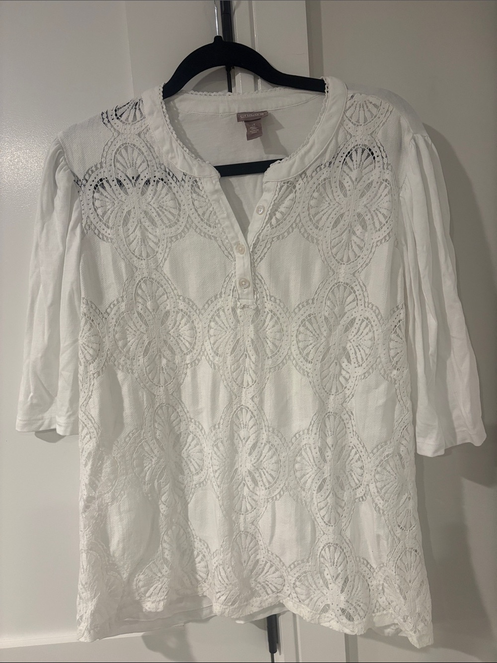 Chicos Woman’s White Crochet Look Henley Tunic Shirt Size 3 XL